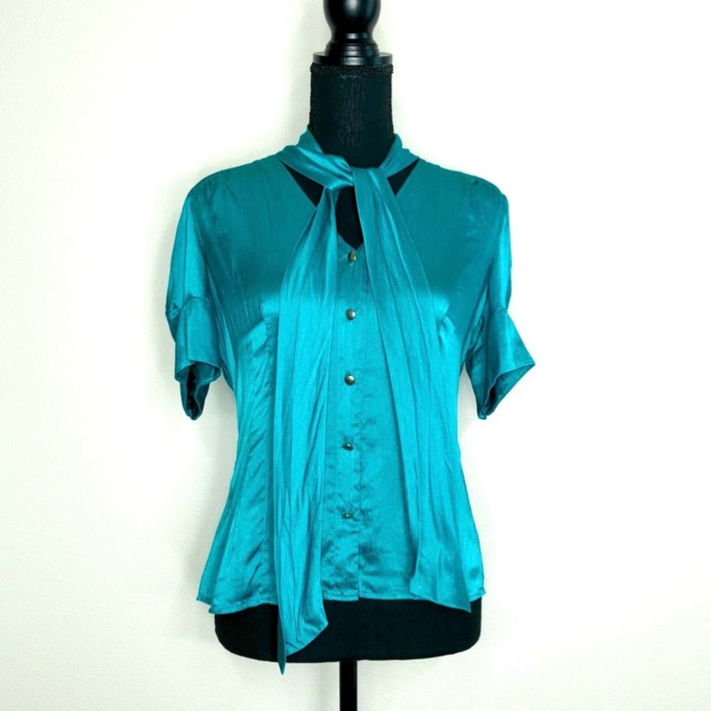 Banana Republic Silk Teal Button Up V-Neck Blouse with Tie